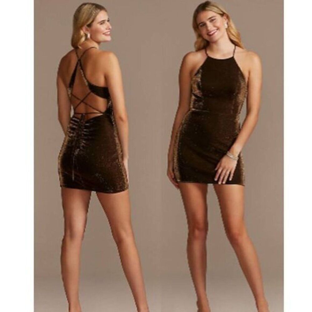 Blondie Nites Sparkle Metallic Halter Cocktail Mini Dress Homecoming Bronze